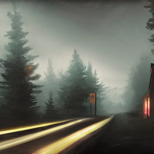 Prompt: a road surrounded by pine trees, wooden buildings with neon signs on sides of roads, digital painting by rembrandt, volumetric lighting, concept art, artstation, 8 k, moody lighting