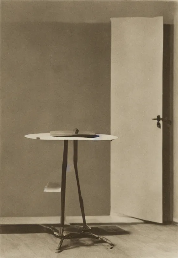 Prompt: an object on a table in a vast room, by marcel duchamp, archival pigment print, 1 9 2 0, academic art, conceptual art, white readymade