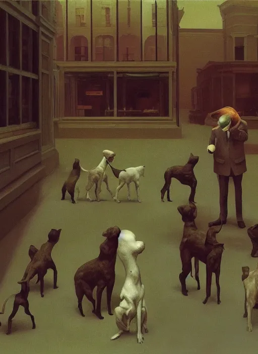 Prompt: crowd of dogs with headcones Edward Hopper and James Gilleard, Zdzislaw Beksinski highly detailed