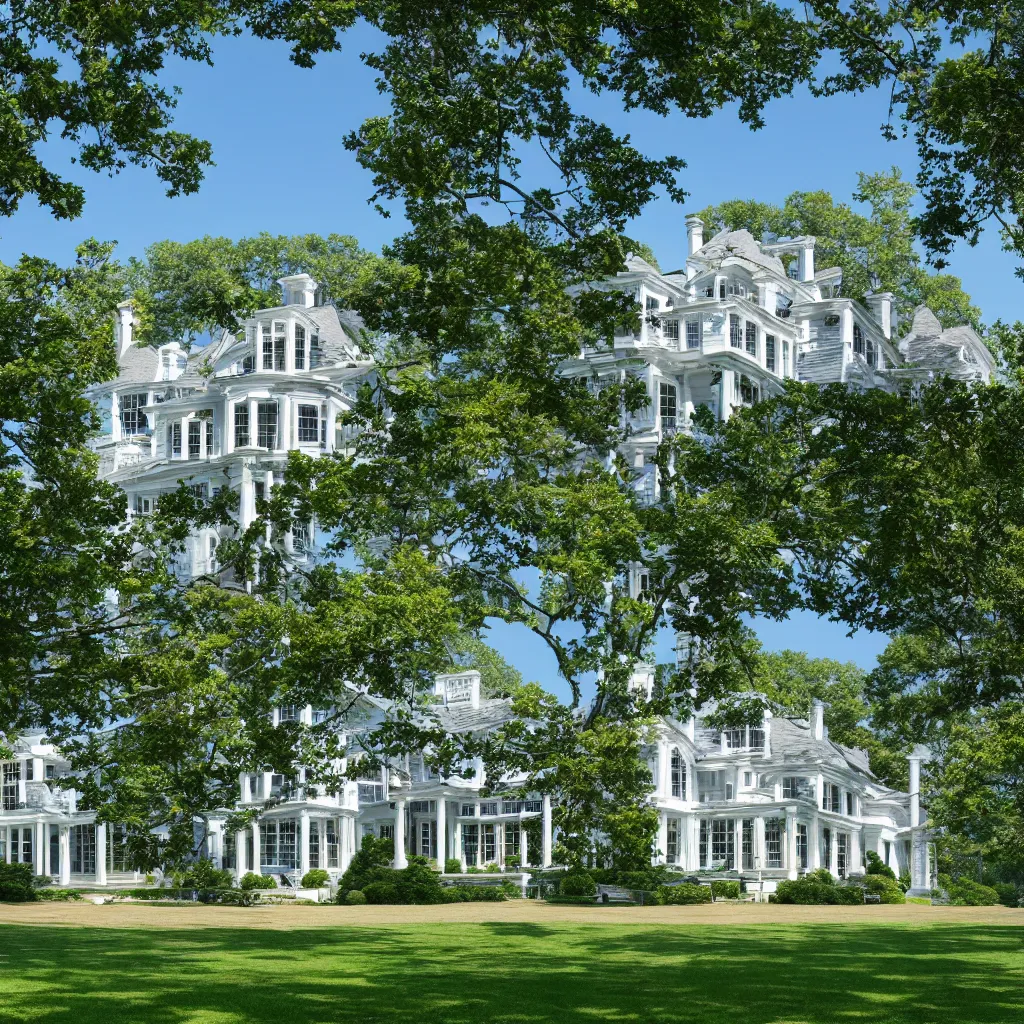 Image similar to hamptons mansion, cape cod architecture, trees and lake, photorealistic, high quality 8 k,