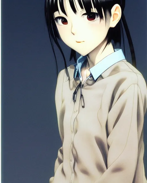 Image similar to a highly realistic, portrait of a beautiful japanese girl, serial experiments lain, wired landscape, sharp features, a beautiful face, soft smile, under studio lighting, taken with a canon eos camera with 1 3 5 mm focal length, art by range murata and yasuyuki ueda