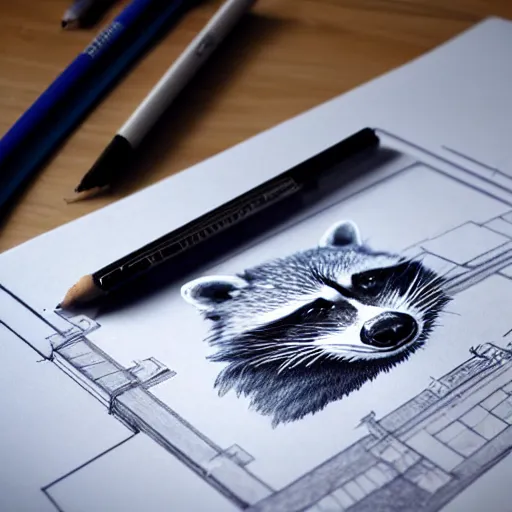 Prompt: a photorealistic raccoon drawing blueprints for a building