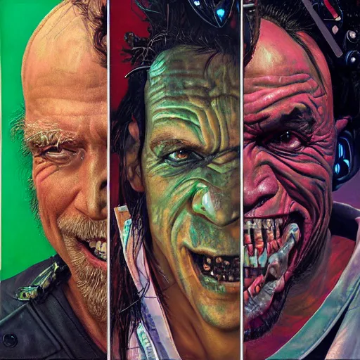 Prompt: cyberpunk orcs, rule of thirds, cinematic lighting, by chuck close, by norman rockwell, hyperrealistic photorealism acrylic on canvas, hyper detailed, mohawk.