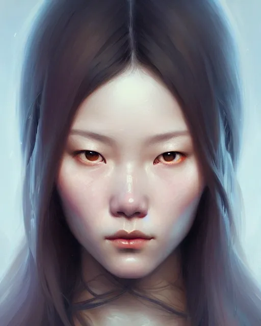 Image similar to Close-up portrait of half-korean, half-nordic girl, portrait, highly detailed, digital painting, artstation, concept art, sharp focus, illustration, art by artgerm and greg rutkowski and alphonse mucha