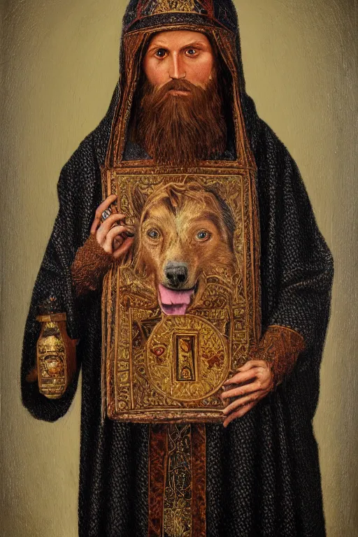 Image similar to Orthodox Slavic dog head man, woolen torso in medieval clothes, Orthodox Saint Christopher, oil painting, hyperrealism, beautiful, high resolution, trending on artstation,