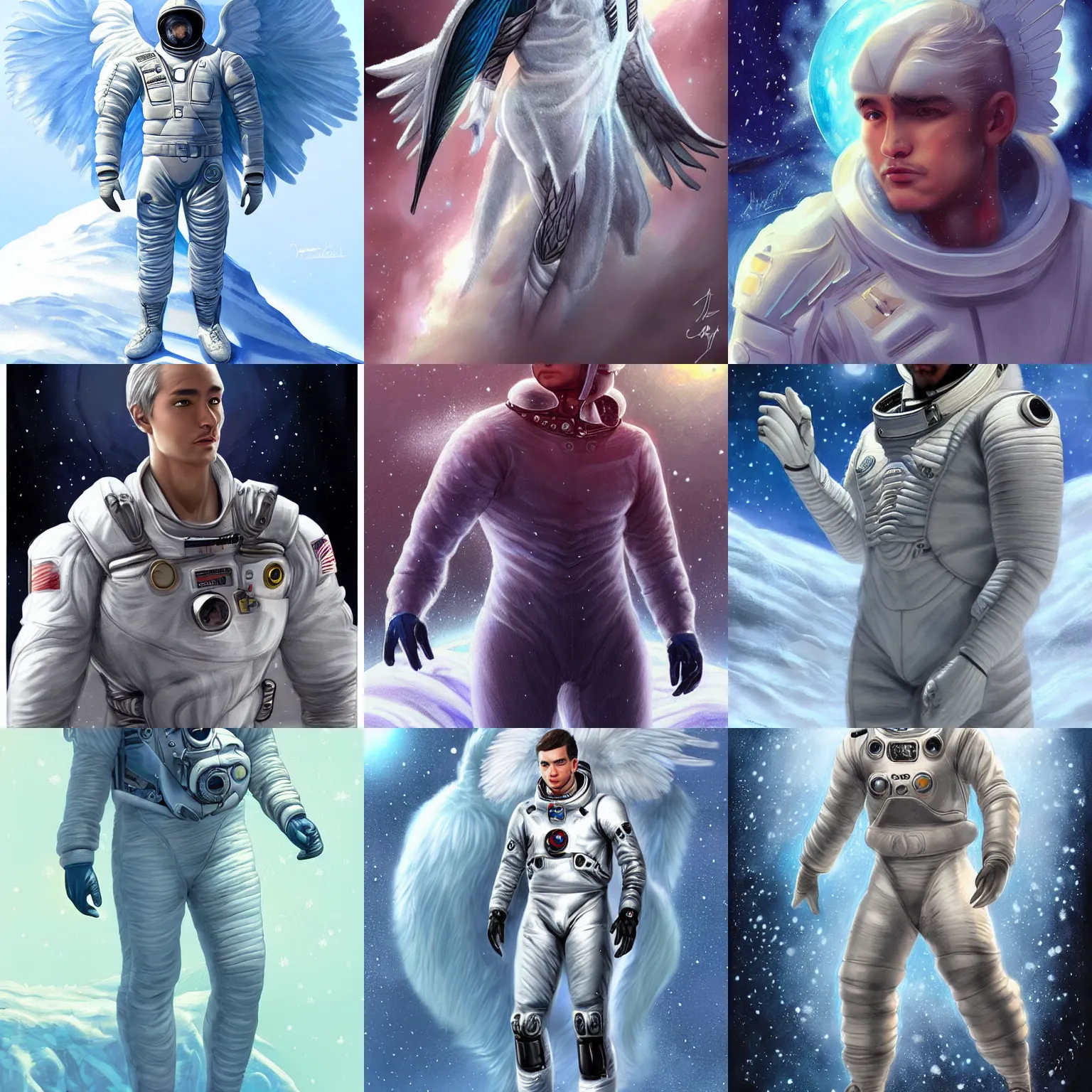 Prompt: a male human eagle hybrid in a spacesuit, winged human, winter, snow and ice, by Artgerm, sci-fi concept art