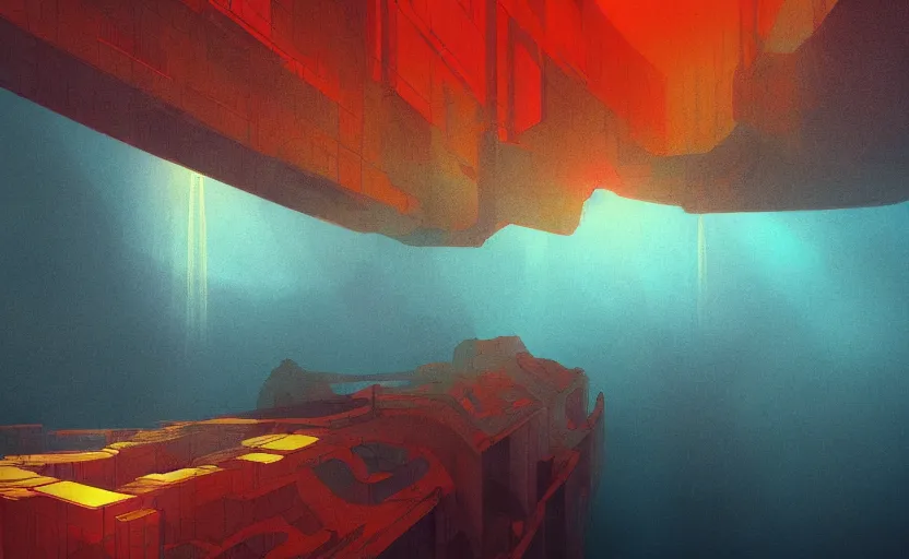 Prompt: by Moebius , landscape of mystic dark cult deep underwater, monumental giant palace, soft light through dark waters, red+yellow colours, high quality details, one point perspective, denoise deep depth of field