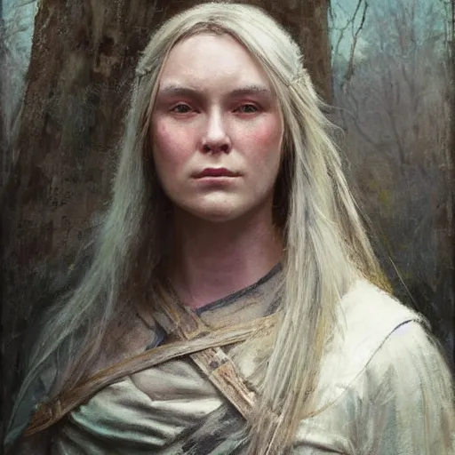 Prompt: Richard Schmid and Jeremy Lipking portrait painting of A shield-maiden (Old Norse: skjoldmø [ˈskjɑldˌmɛːz̠]) was a female warrior from Scandinavian folklore and mythology. Shield-maidens are often mentioned in sagas such as Hervarar saga ok Heiðreks and in Gesta Danorum. They also appear in stories of other Germanic peoples: Goths, Cimbri, and Marcomanni.[1] The mythical Valkyries may have been based on such shield-maidens.[ full-figure