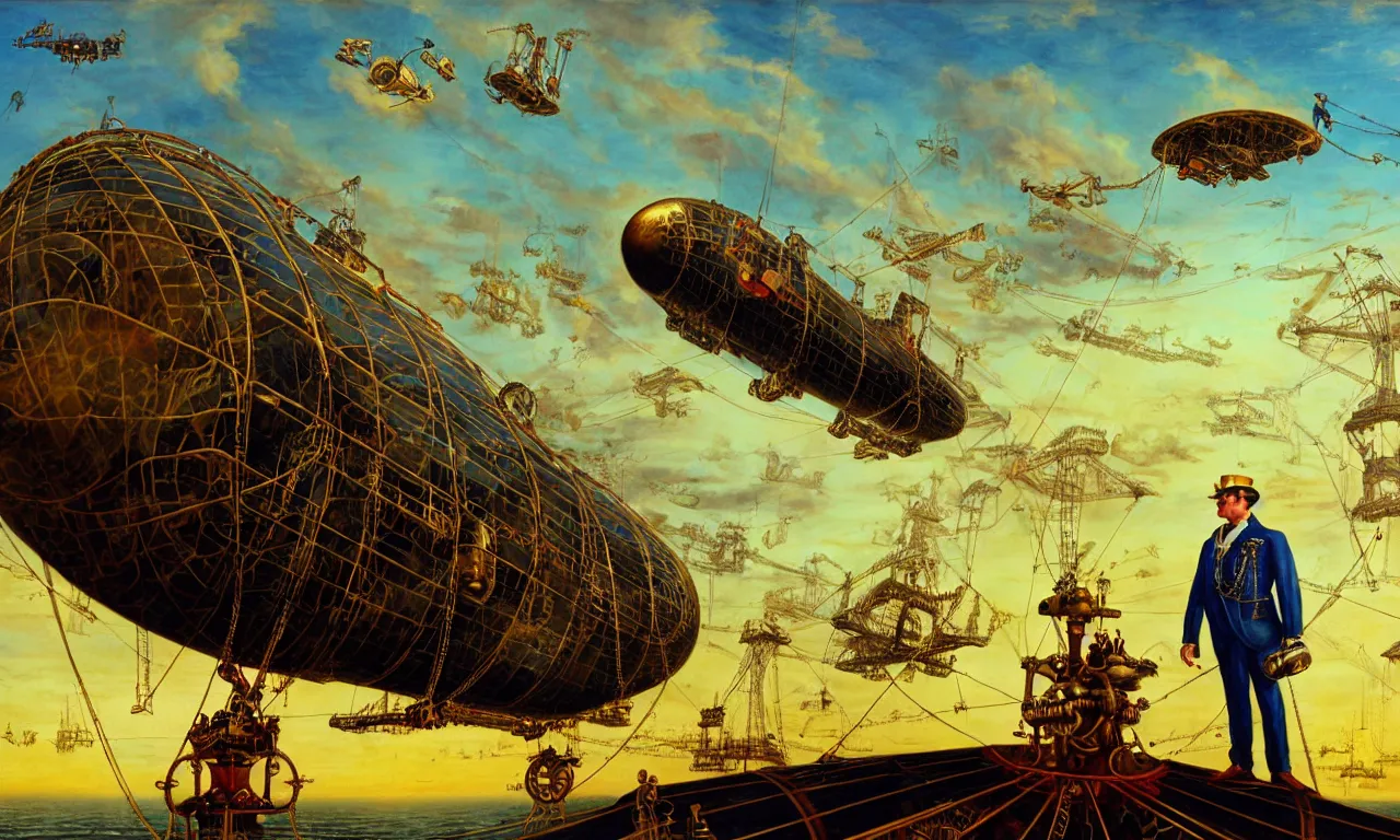 Image similar to close up of a gentleman navigator standing on deck of his steampunk zeppelin flying over a vast ocean of a very large language model, observing giant flying robot harvesters collecting data relations in the background, painted by josh kirby, ligne claire, very detailed and colorful, low light, sundown