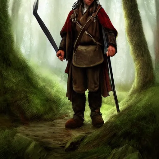 Image similar to a clean shaven rugged warrior hobbit in leather armor with very short hair and a dark green cloak and dark green hood hiking through the forest with his pet dark red dragon, trending on artstation, realistic, detailed, by Tony Sart