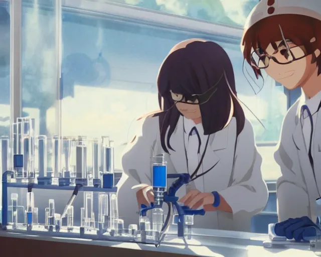 Image similar to a girl using chemistry equipment in a sunlit laboratory, scene by Makoto Shinkai