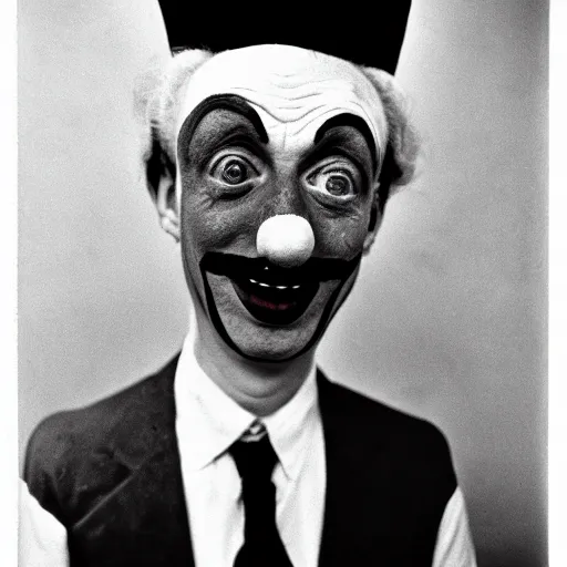 Prompt: portrait of clown by diane arbus, black and white photography