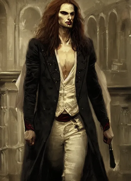 Prompt: portrait painting of the vampire lestat in paris, muscular male, long hair! long coat, elegant rugged handsome unreal render cinematic lighting art 1 8 9 0 period drama by bussiere rutkowski andreas rocha