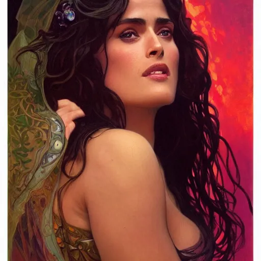 Image similar to salma hayek portrait by alfons mucha, playful, fantasy, medieval, beautiful face, perfect detailed eyes, vivid colrs, elegant, concept art, sharp focus, digital art, hyper - realistic, 4 k, unreal engine, highly detailed, hd, dramatic lighting by brom, trending on artstation, holy halo