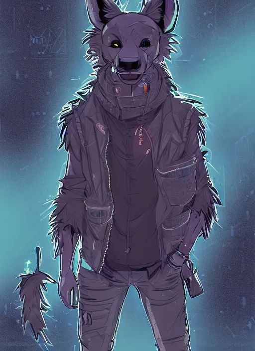 Image similar to character portrait of a male anthro hyena fursona with a tail and a cute beautiful attractive detailed furry face wearing stylish cyberpunk clothes in a cyberpunk city at night while it rains. color page, tankoban, 4K, tone mapping. By Nomax, Kenket, Rukis. comic book style, photorealistic, professional lighting, hyperdetailed, high resolution, high quality, dramatic, deviantart, artstation, 4k, real photo