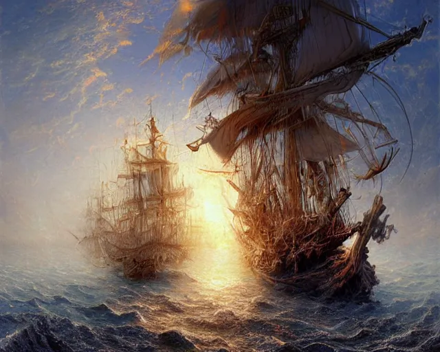 Prompt: death is swallowed up in victory, very detailed and beautiful portrait of a perfect storm, artwork by artgerm, skeletons on a pirate ship, sail made of human skin, wide angle, full body, fantasy, highly detailed, digital painting, artstation, smooth, sharp focus, art by thomas kinkade and william turner and claude joseph vernet