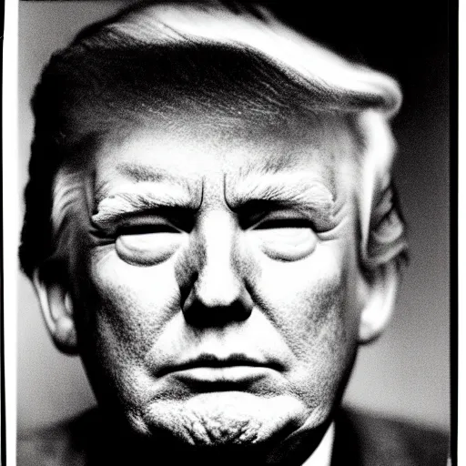 Image similar to photo of Donald Trump by Diane Arbus, extreme closeup, black and white, high contrast, Rolleiflex, 55mm f/4 lens