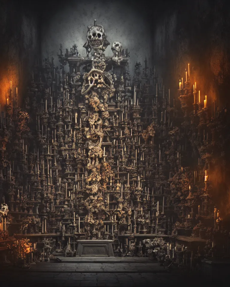 Image similar to full color, low ultrawide interior shot of sedlec ossuary, bones, anime style mixed with fujifilm, dark, foggy, atmospheric, artstation, cgsociety, octane render, cgi, denoise, detailed, cinematic masterpiece