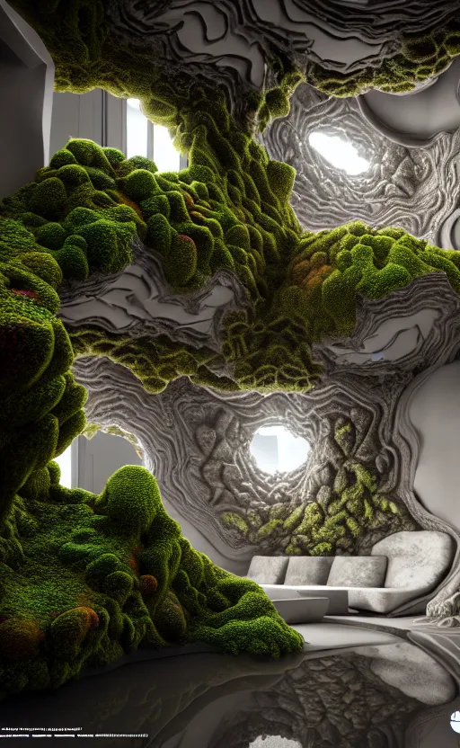 Image similar to highly detailed ultra sharp 3 d render villa interior cinematic composition of a smooth ceramic porcelain biomorphic magnolia stone nebula fluid fractal sci - fi surreal architecture landscape, corals, granite, marble, moss, lichen, callebaut composition, mamou - mani, archviz, beautiful lighting, 8 k, unreal engine, hdr