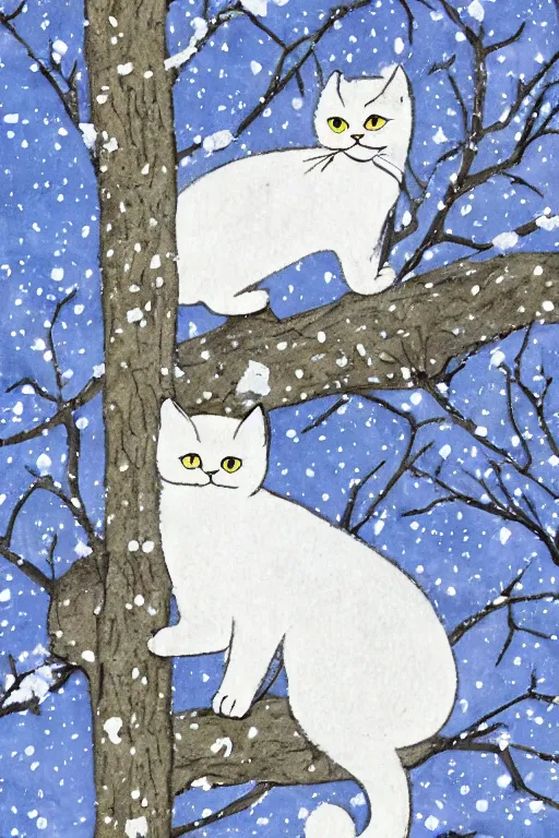Image similar to white cat in the tree in winter day in the style ofukiyo-e