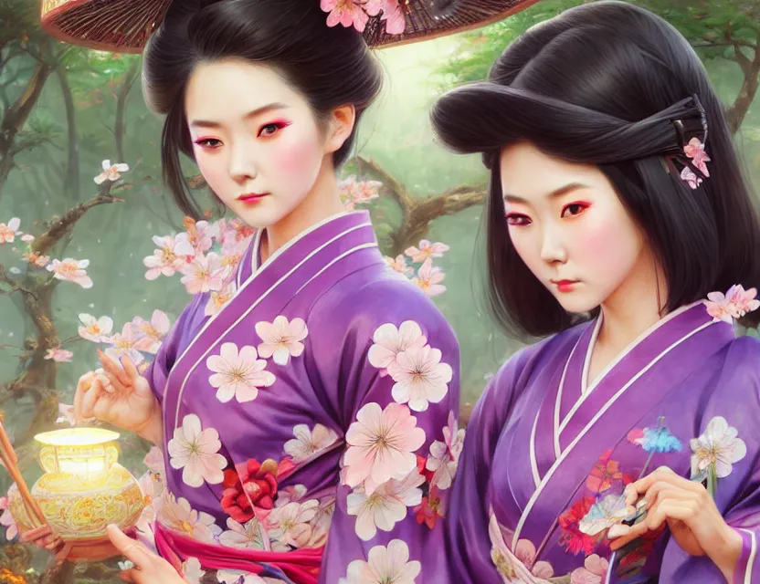 Image similar to two beautiful fashion taiwan girls wear fantasy yukata in festival | | big eyes, sunny, dreamlike art, realistic shaded, smile, good looking, fine details, 4 k realistic, cryengine, realistic shaded lighting poster by greg rutkowski, magali villeneuve, artgerm, jeremy lipkin and michael garmash and rob rey