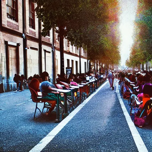 Image similar to people sitting in rows of school desks in the middle of a city street, first person view from back row, dreamy atmosphere, high quality digital art