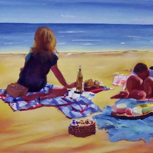 Prompt: a picnic on the beach by rita angus