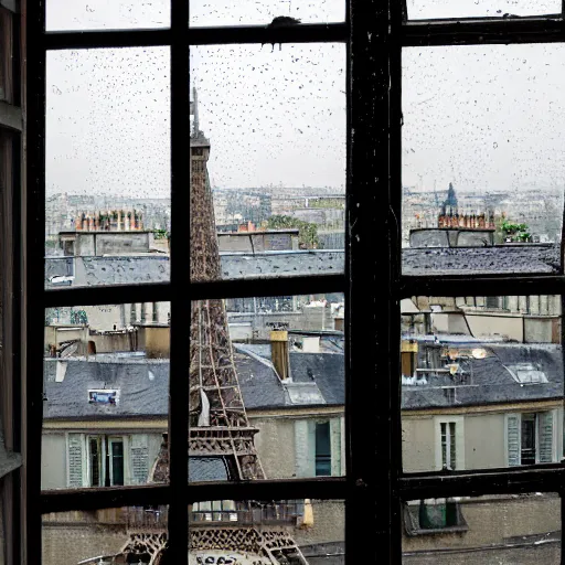 Image similar to a rabbit sits in a window, in paris, it's raining outside, there's raindrops on the window, The eiffel tower is visible out the window, it's evening