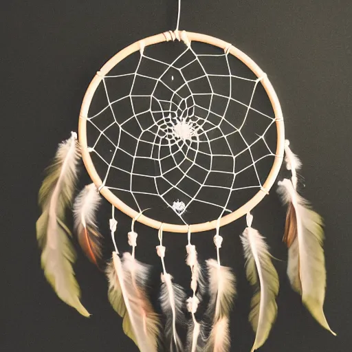 Image similar to a dreamcatcher made out of leaves, studio photography, black background, faint glow, volumetric