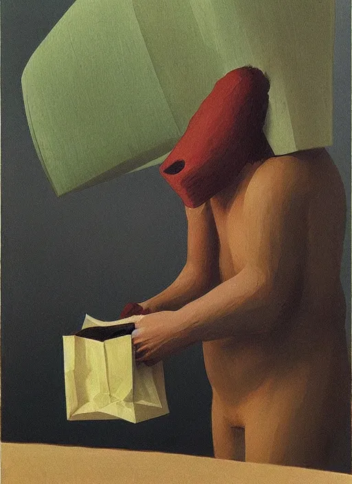 Image similar to ape in paper bag over the head and a sward Edward Hopper and James Gilleard, Zdzislaw Beksinski, highly detailed