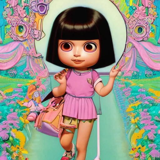 Prompt: dora the explorer as real girl in happy pose, detailed, intricate complex background, japanese Pop Surrealism, lowbrow art style, muted pastel colors, soft lighting, 50's looks by Mark Ryden,Yosuke Ueno,mucha, artstation cgsociety