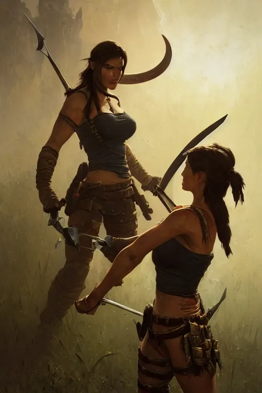 Image similar to lara croft, legendary warrior, heroic fighter, world of warcraft, decorative ornaments, battle armor, by carl spitzweg, ismail inceoglu, vdragan bibin, hans thoma, greg rutkowski, alexandros pyromallis, perfect face, sharply focused, sharply detailed, centered, rule of thirds, realistic shading