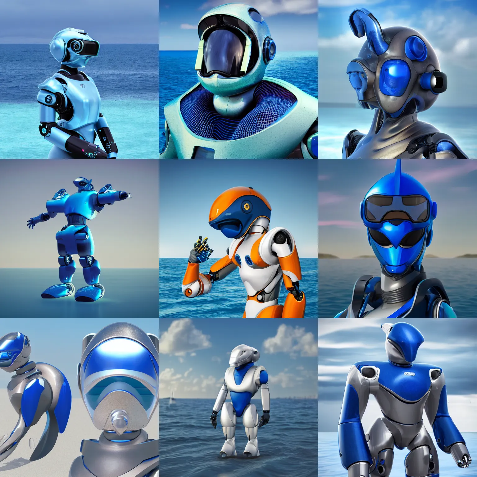Prompt: furry art, male anthro dolphin hybrid robot, integrated synthetic android, face covered by visor, wide beak protruding under visor, ultramarine metal, sea in background, fursona commission on furaffinity, 3 d, cgsociety, octane render