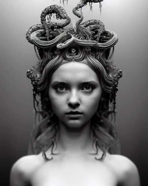 Image similar to mythical dreamy underwater artistic black and white photo of a translucent beautiful young female angelic - medusa - vegetal - doll, highly detailed, intricate crystal ivy jelly ornate, poetic, translucent algae ornate, digital art, octane render, 8 k artistic photography, photo - realistic, hg giger flora borsi