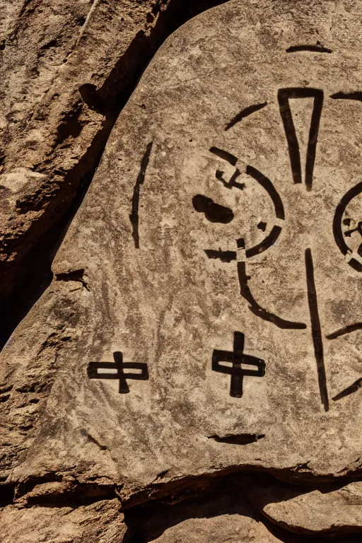 Image similar to 4 k photography of petroglyphs representing crosses, ufo, yin yang symbol on a cave