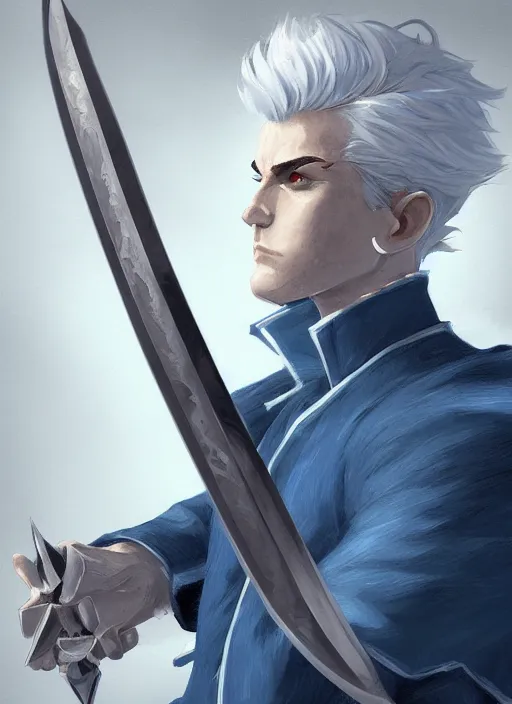 Image similar to a highly detailed illustration of young short slick back white haired man wearing dark blue coat, bright blue eyes, dramatic wielding katana pose, intricate, elegant, highly detailed, centered, digital painting, artstation, concept art, smooth, sharp focus, league of legends concept art, wlop