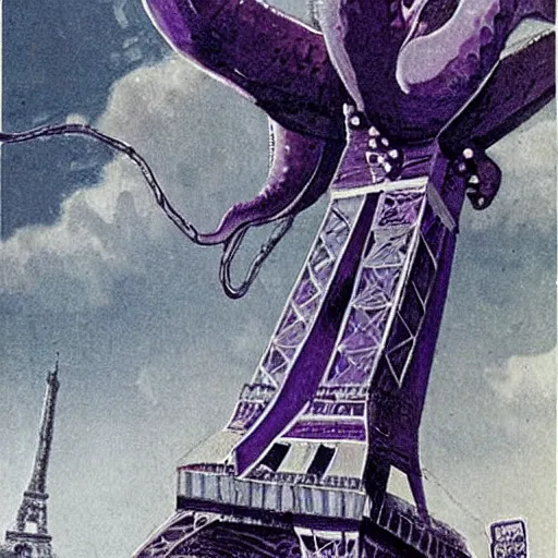 Image similar to Giant purple octopus climbing the Eiffel Tower, concept art by Ray Harryhausen