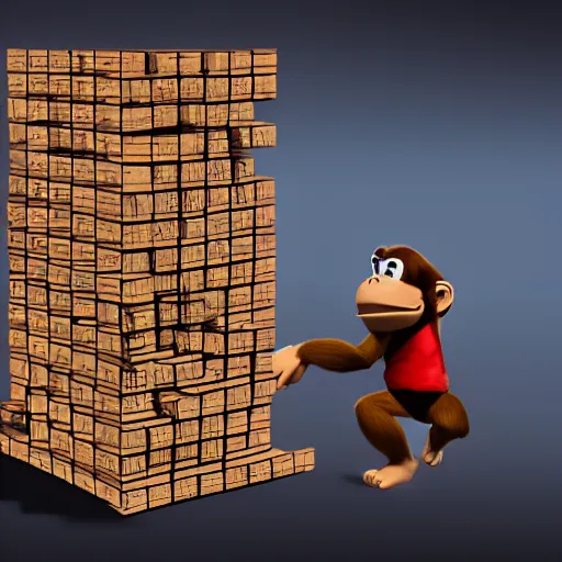 Image similar to donkey Kong playing jenga, concept art, realistic, well detailed, 8k