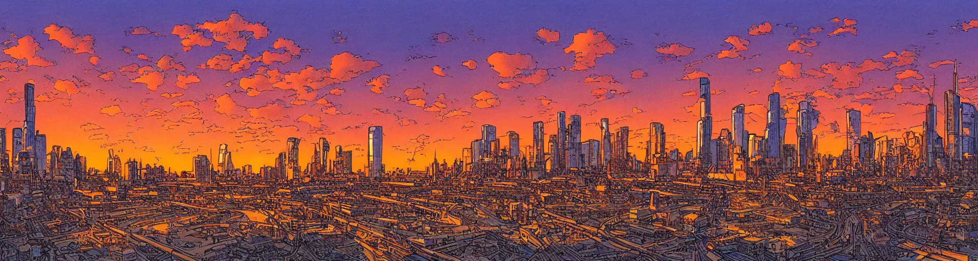 Prompt: Rotterdam Skyline, cartoon style by Jean Giraud, Moebius, intricate detail, sunset, cloudy, highly detailed