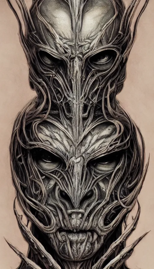 Image similar to Elden Ring and Doom themed painting of satanic demon hybrid cyborg beautiful angellic symmetrical face mask tattoo pattern concept, infinity glyph, intricate artwork by, Johnatan Wayshak, Zdizslaw Beksinski, face by Artgerm, H.R. Giger, very coherent artwork, cinematic, hyper realism, high detail, octane render, unreal engine, 8k, High contrast, golden ratio, trending on cgsociety, higly detailed black ink outline, crosshatch sketch gradient, ultra high quality model, production quality cinema model