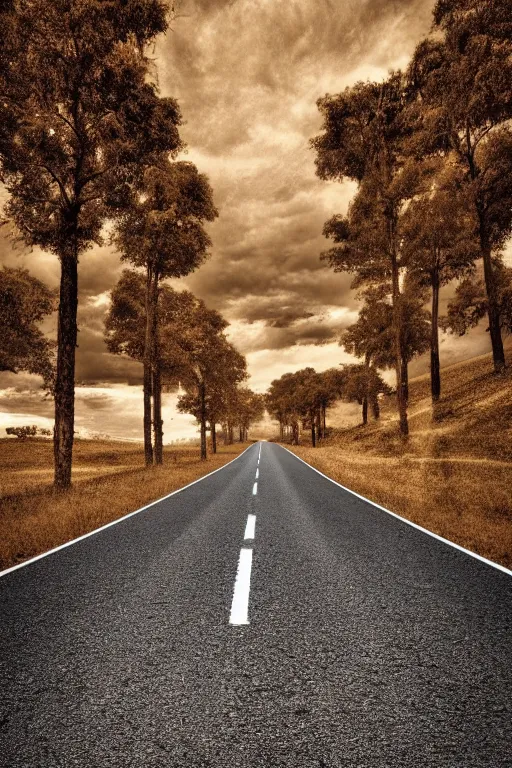 Image similar to photo of a road with no end, sepia dust filling background, photorealistic, tonemapped