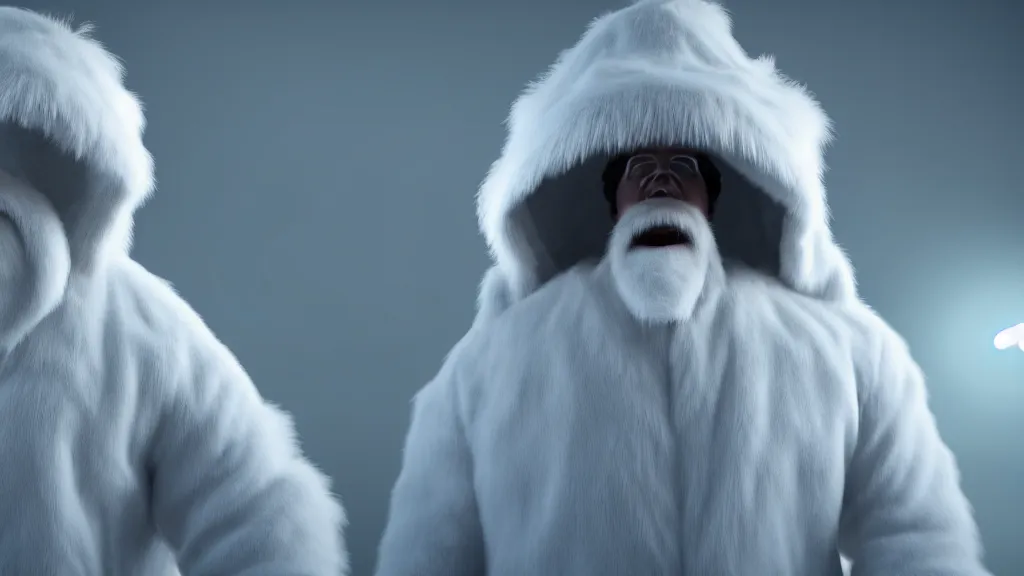 Image similar to a scientist who wears a scientist coat and has a yeti head for a head, 4 k, photorealistic, dramatic lighting