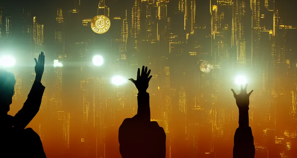 Image similar to Dramatic photo of a CEO waving goodbye with his hand to a group of silhouettes of his coworkers in a futuristic office. Golden coins are levitating all around them. 8k, high detail, trending on Artstation, volumetric lighting, cyberpunk