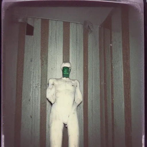 Image similar to a tall humanoid creature at the bottom of a stairwell, dark!, creepy!!!, unsettling, uncanny valley!, old polaroid, expired film,