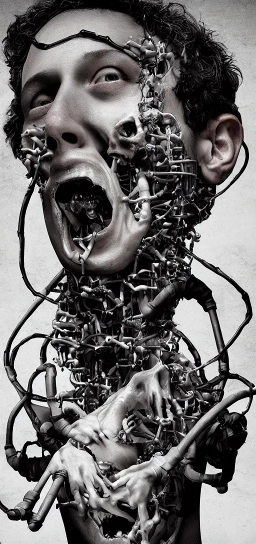 Image similar to disturbing artwork of mark zuckberg being consumed into collection of pipes and wires, body horror, dark, 4K, weird, bizarre, scary