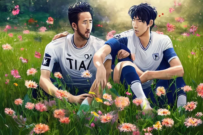 Image similar to beautiful anime harry kane and son heung-min sitting in a field full of flowers, highly detailed, realistic, dynamic lighting, cinematic, masterpiece, trending on artstation,