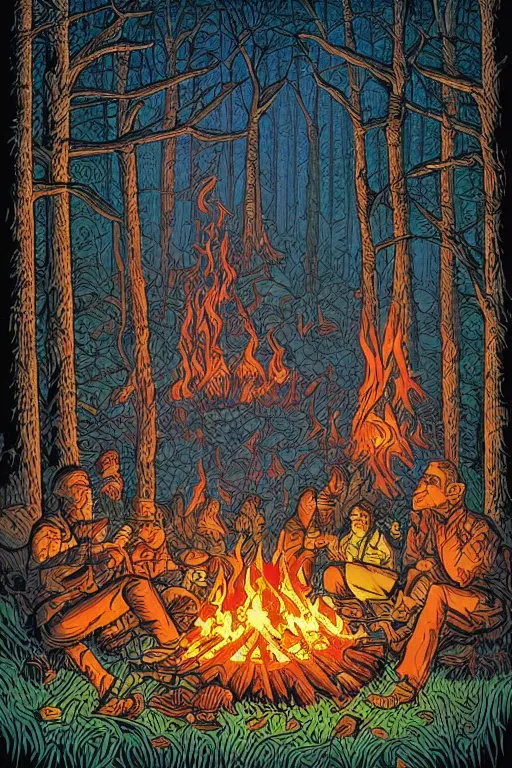 Image similar to A bonfire in the forest by Dan Mumford