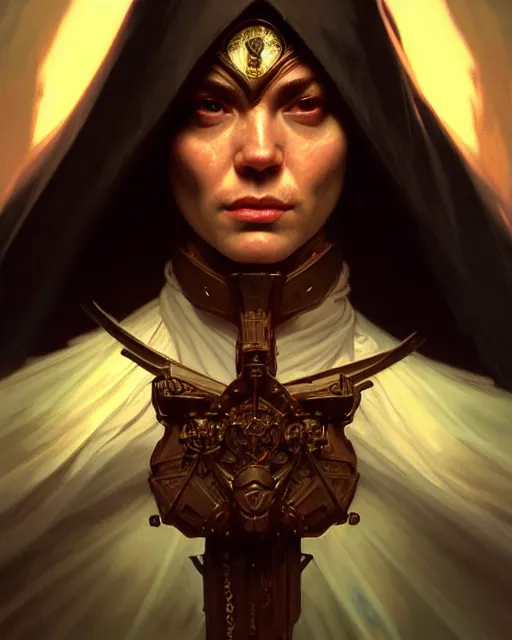 Image similar to realistic wide angle portrait of a nasty bishop, evil, heroic pose, beautiful face, full body, dramatic lighting, intricate, wild, highly detailed, digital painting, artstation, concept art, smooth, sharp focus, illustration, art by artgerm and greg rutkowski and alphonse mucha, footage from space camera