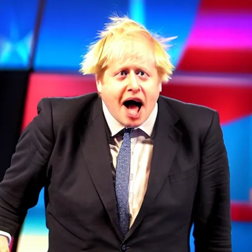 Image similar to boris johnson singing with a microphone on americas got talent, tomatoes and anchors being thrown at him, 4 k photograph