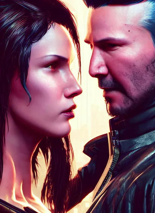 Image similar to a cyberpunk 2077 couple portrait of a Keanu Reeves as johnny silverhand and a female android in final kiss,love,fantasy, intricate, elegant,by Alex Horley,Heather Theurer,aaron horkey,Greg Rutkowski,artstation,deviantart,FAN ART,Digital painting,face enhance,highly detailed,8K,octane,golden ratio,cinematic lighting